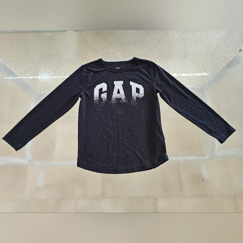 GAP Kids Black Long Sleeve Logo Tee Shirt 8 Flame Resistant Recycled Poly